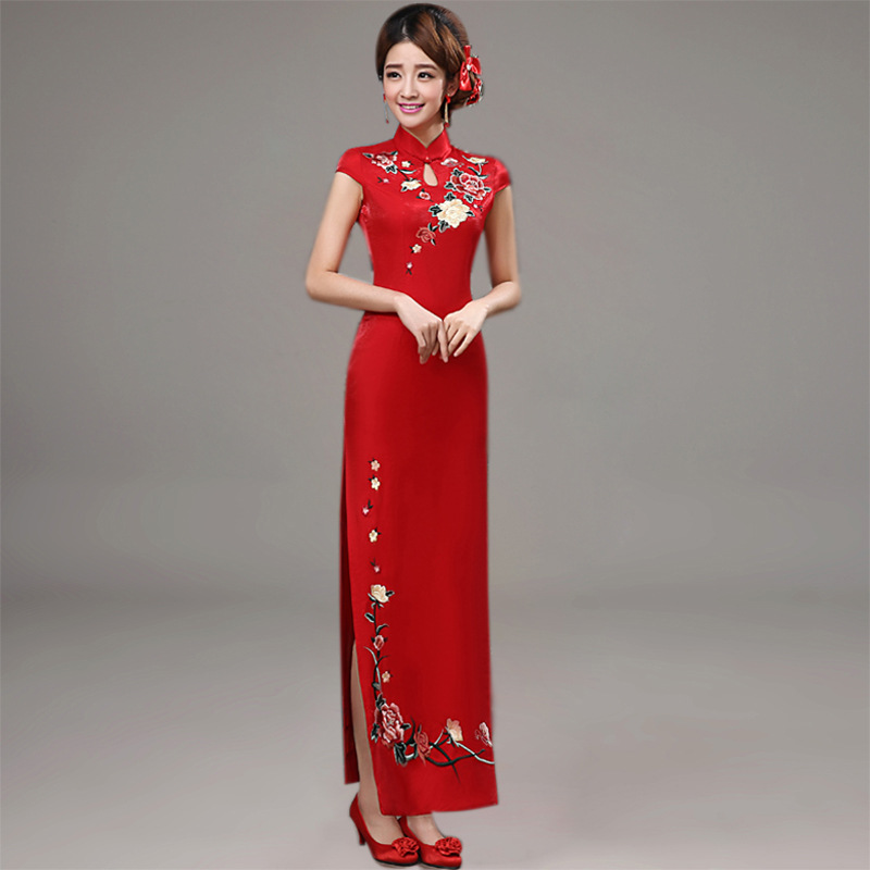 婚纱礼服新款2017红色新娘敬酒服中式复古高开叉旗袍结婚礼服长款