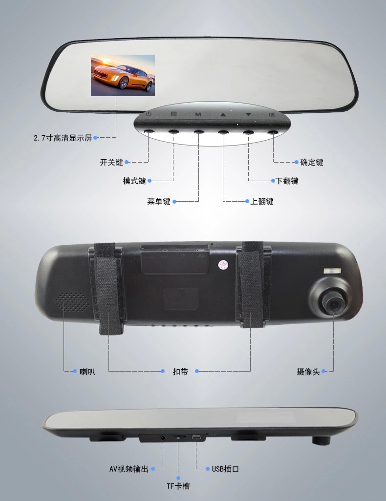 4寸蓝屏防炫目后视镜高清行车记录仪1080p 车险礼品