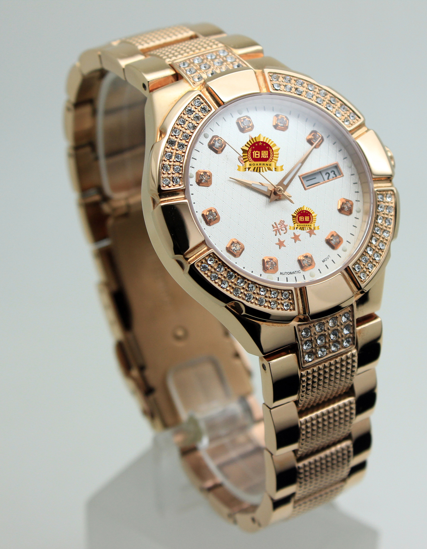 伯恩将军表 全钢自动机械双历玫瑰金蓝宝石镶钻防水手表厂家直销
