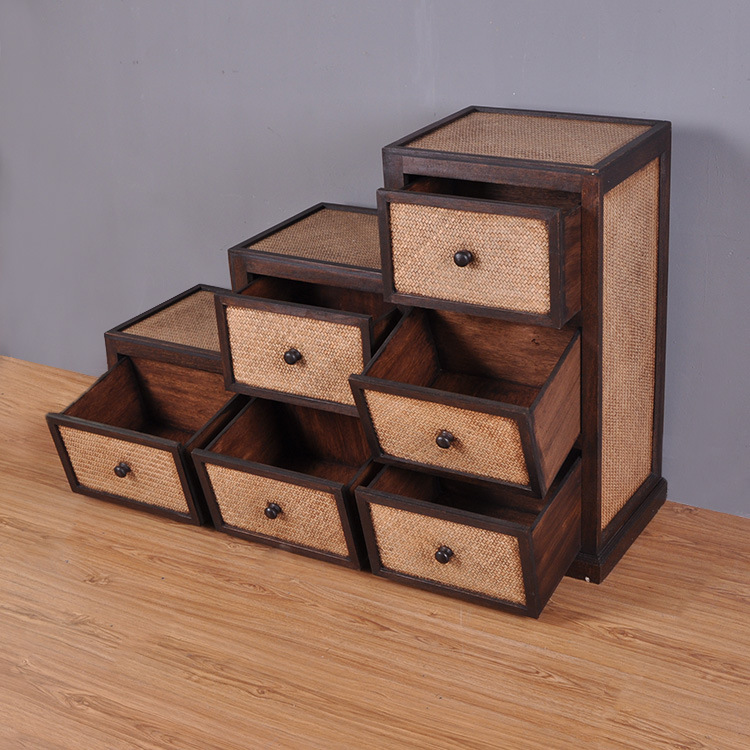 东南亚家居 实木藤编环保收纳柜 多层抽屉梯形收纳柜批发4269