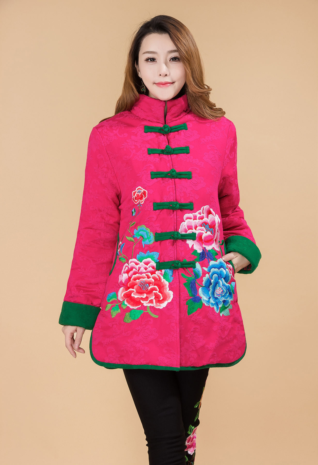 民族风加厚绣花棉袄中长款修身盘扣立领女装棉服中老年女装外套