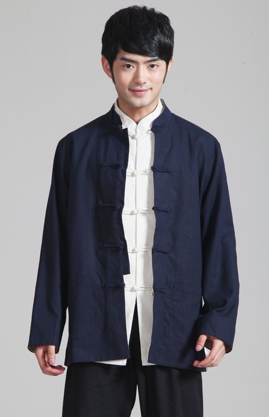 古装纯棉麻双面春秋冬季男装外套工作深蓝长袖上衣中式唐装民族服