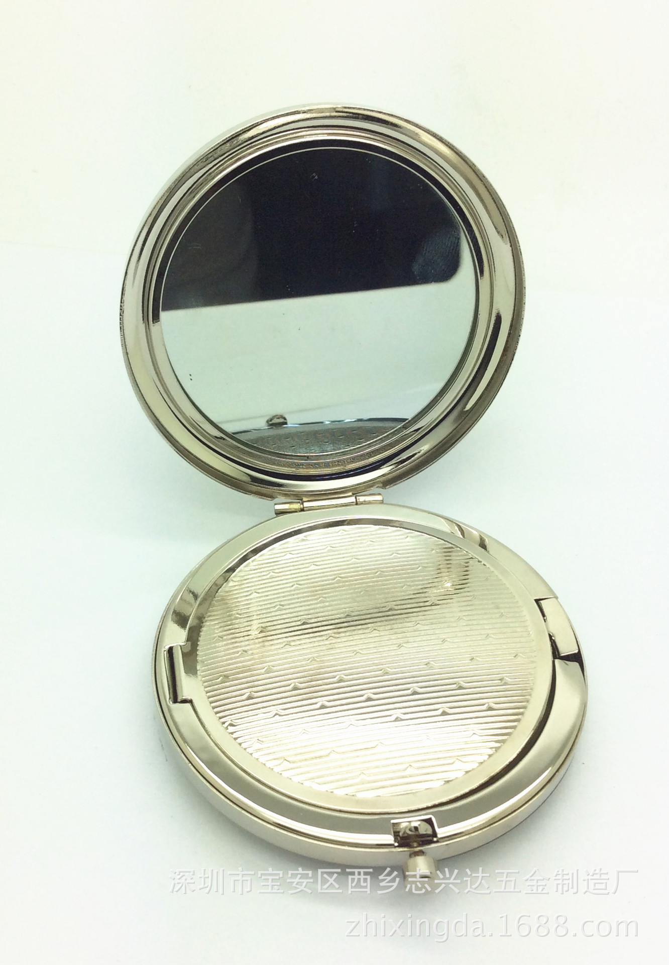 金属白钢色粉底盒双面折叠粉底盒便携彩妆粉盒化妆镜68mm