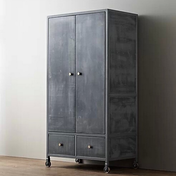 法式乡村铁艺大衣橱,法国工业loft铁轮衣柜,铁艺衣柜 做旧服装架