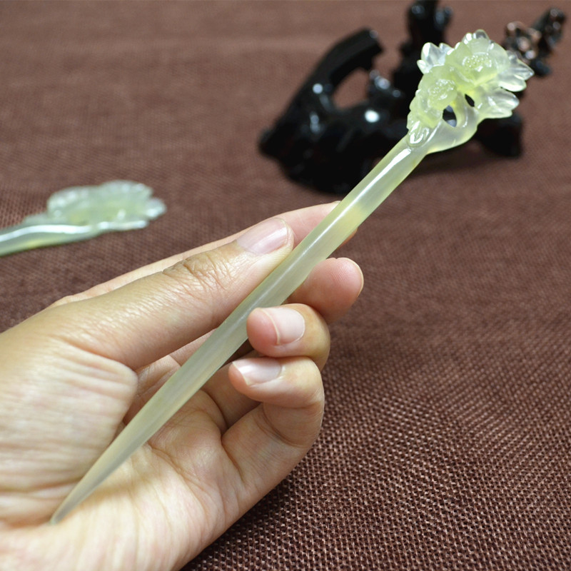 精品玉石发簪子 岫玉海棠花朵 手工雕刻 古典复古发钗