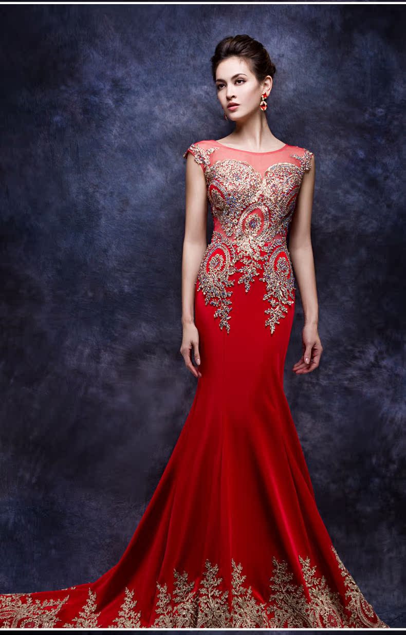 新娘结婚红色长款修身敬酒服高档鱼尾刺绣拖尾宴会晚礼服婚纱摄影 大