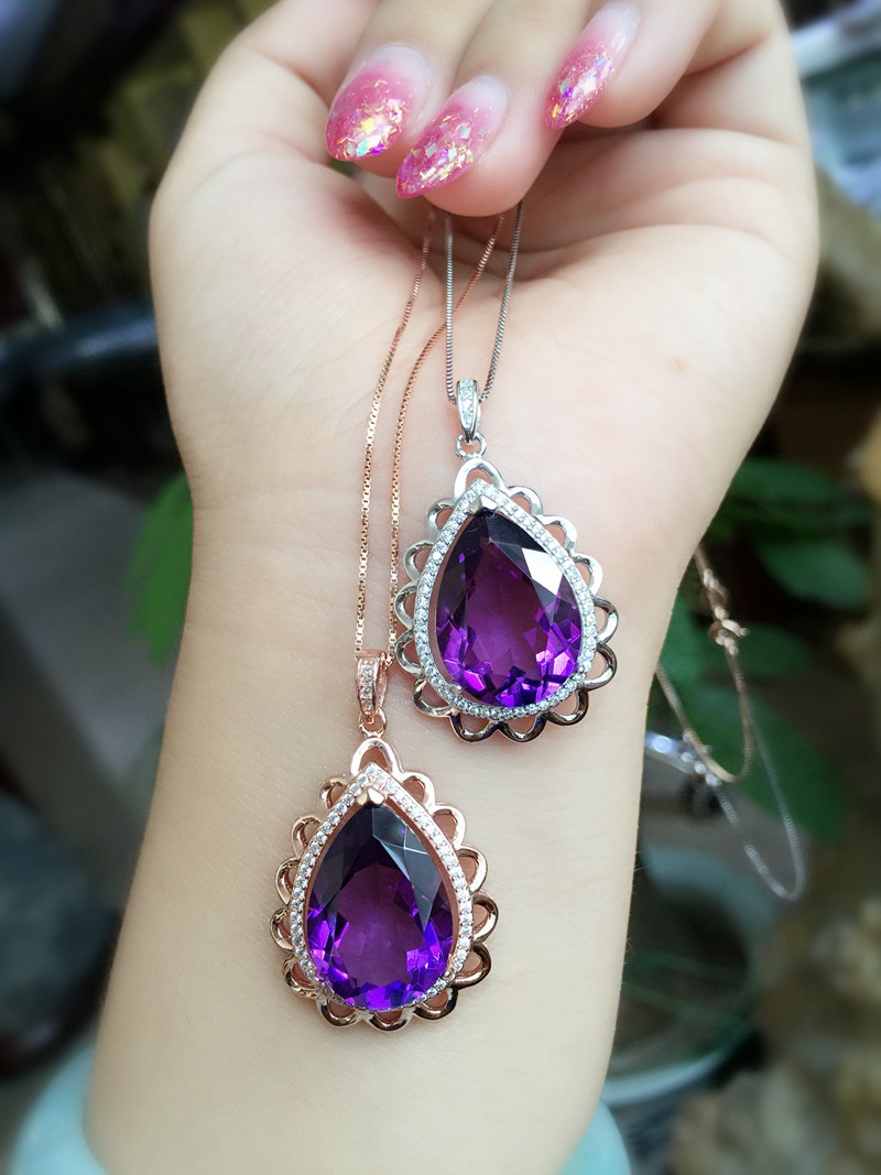超大气外带925银紫晶吊坠 时尚百搭项坠批发 女神范
