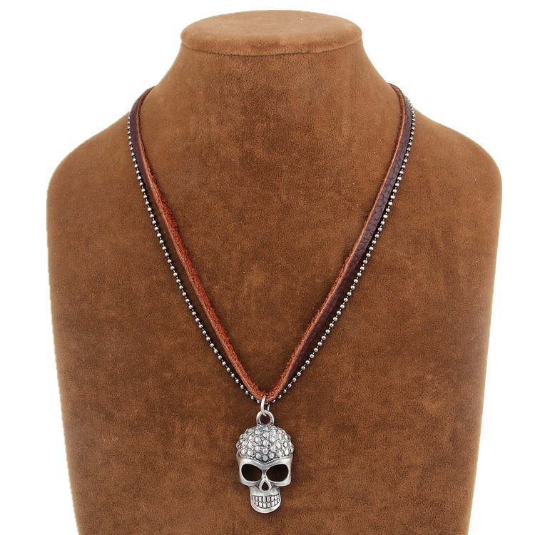欧美朋克皮项链 复古怀旧男款骷髅头牛皮绳皮项链热卖