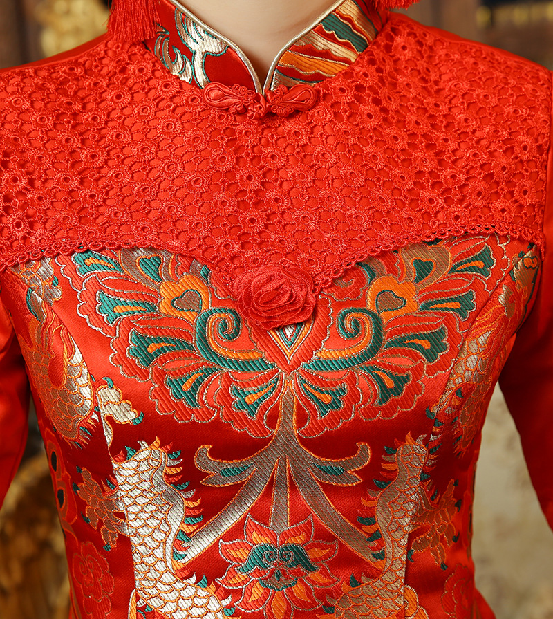 2016春装新款新娘蕾丝长袖旗袍红色结婚锦缎秀禾服春季旗袍q24