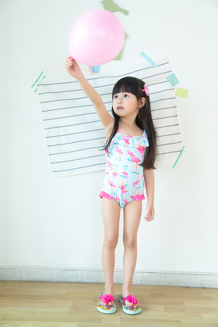 儿童游泳衣小中大童可爱女孩学生蓝色卡通火烈鸟斜肩连体泳装温泉