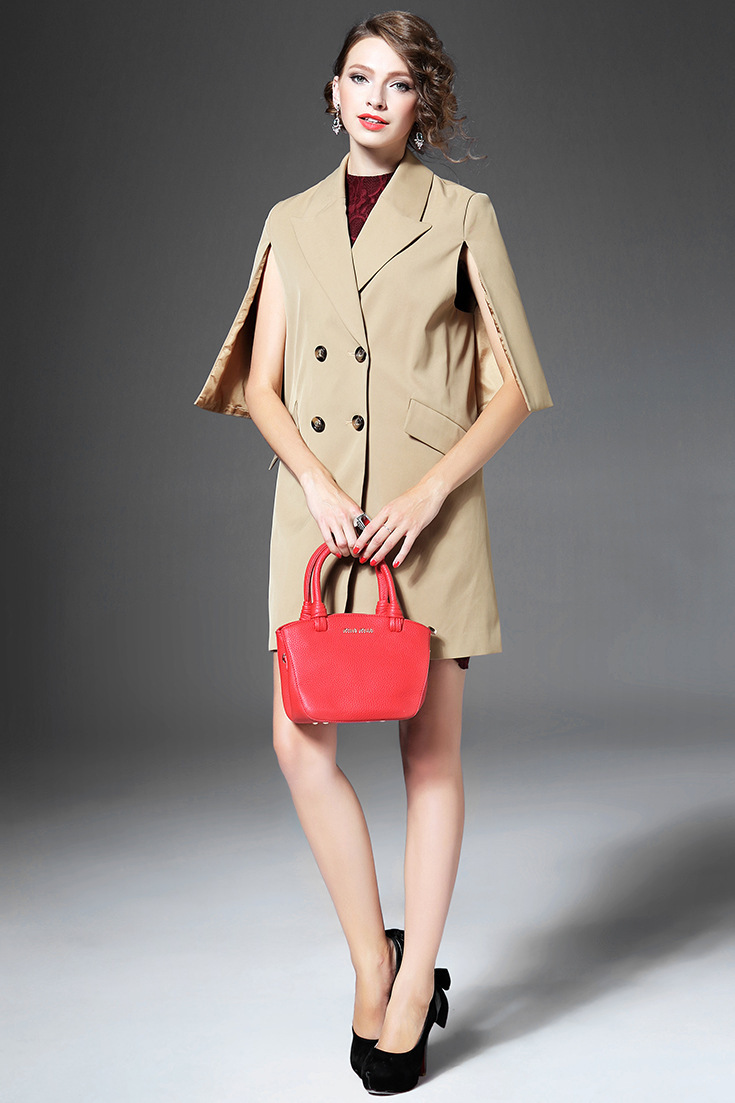 欧洲站2015秋季新款女装 时尚西装领斗篷袖纯色直筒型女式大衣