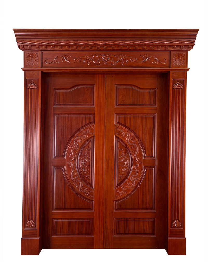 自然木门室内门 定制木门柚木雕花双开门 宫廷木工制作wjw-80001