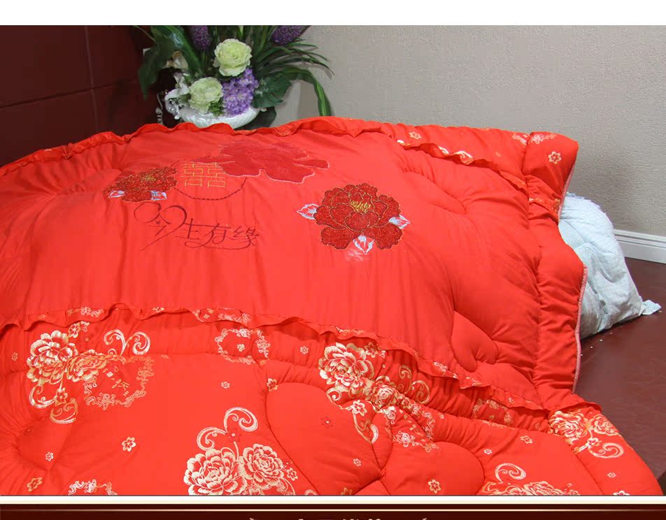 万颖家纺 婚庆被子红双喜心连心绣花丝绵加厚加绒被子厂家供货