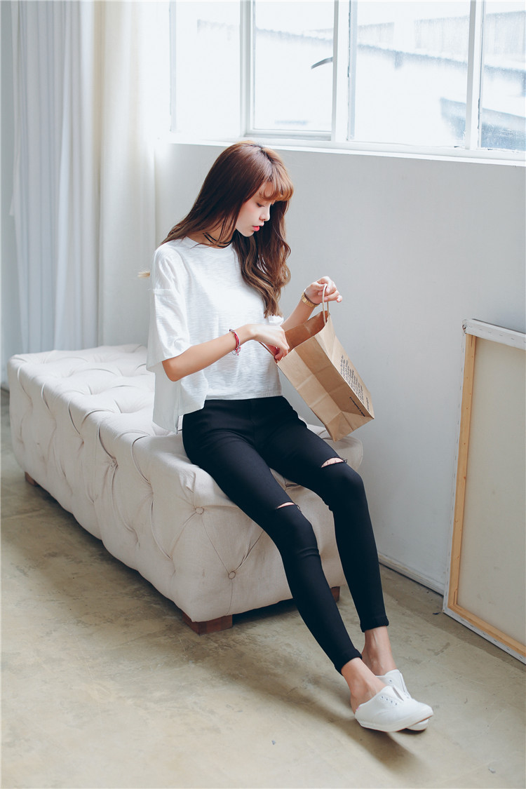 2016春季新款女装韩版高腰修身破洞九分裤弹力小脚裤女式牛仔裤