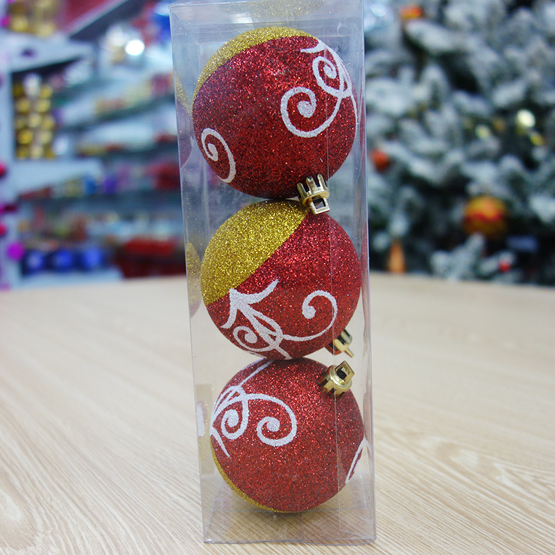 圣诞饰品圣诞球直径6cm撒粉彩绘球圣诞闪粉球pvc盒3个装厂家直销