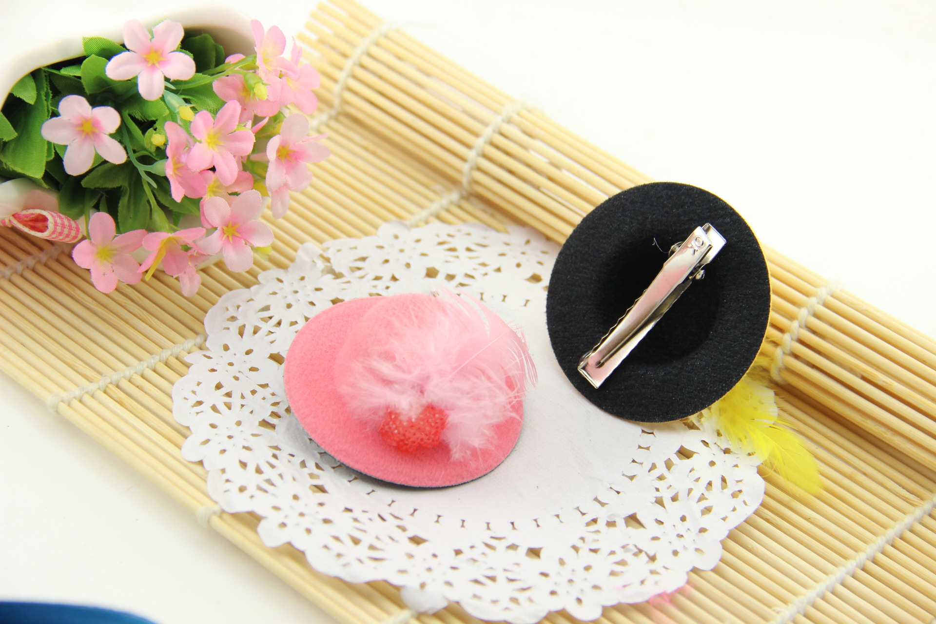 韩版多款多色羽毛玫瑰小礼帽发夹 个性5.5cm小帽子发饰 头饰批发