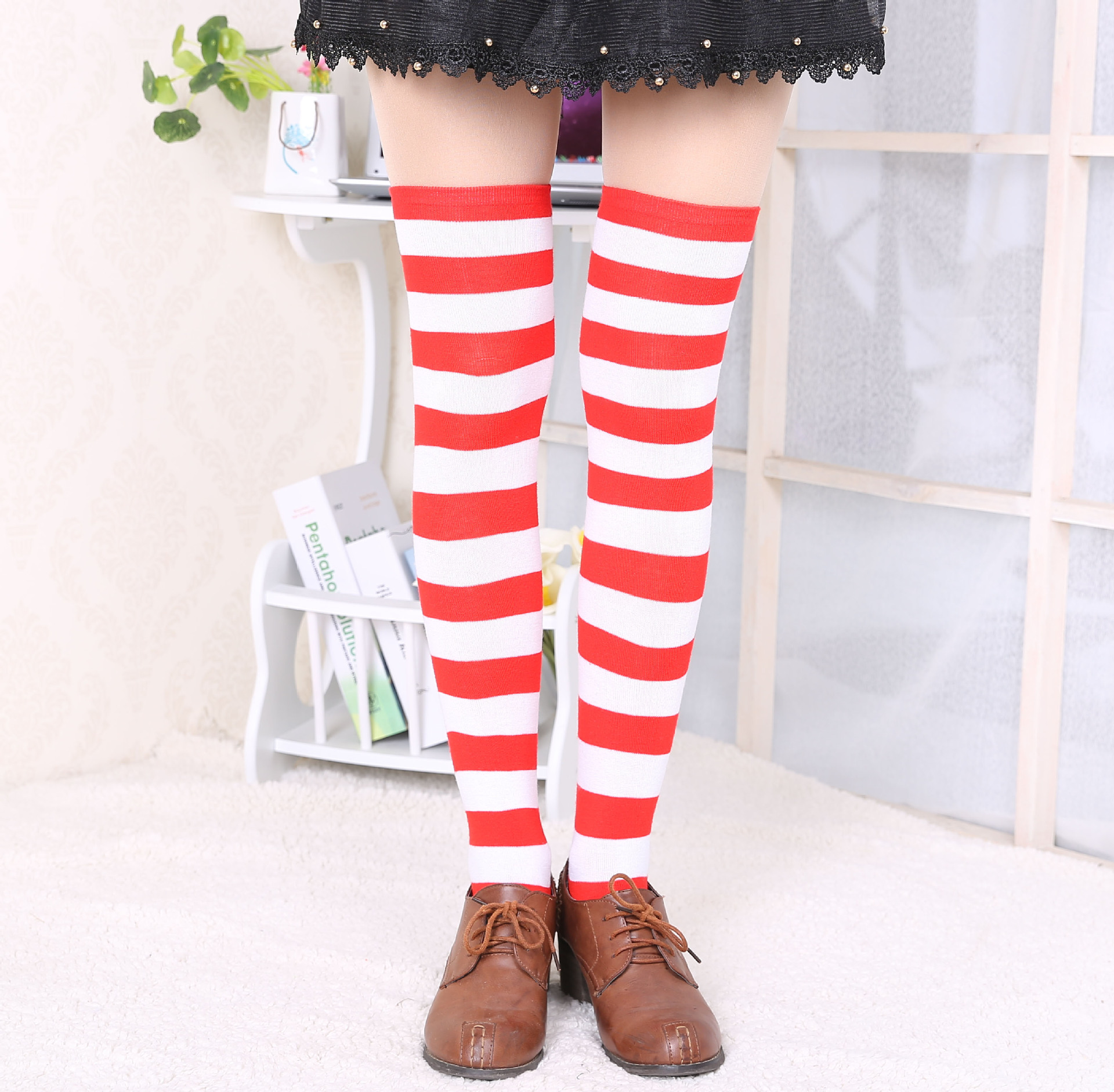 长筒袜红白宽条大腿袜子过膝袜子 日系cosplay动漫袜子 加长 xl
