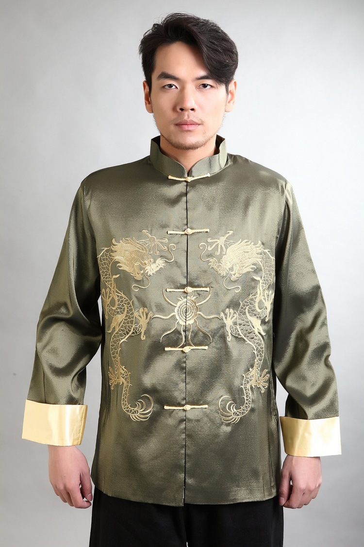 批发春秋冬季高级男士绣双金龙外套工作服长袖上衣中式唐装民族服