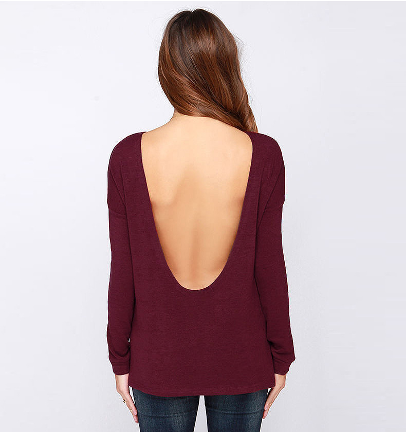 速卖通欧美ebay2016春夏新款后背深v纯色圆领长袖露背t恤(现货