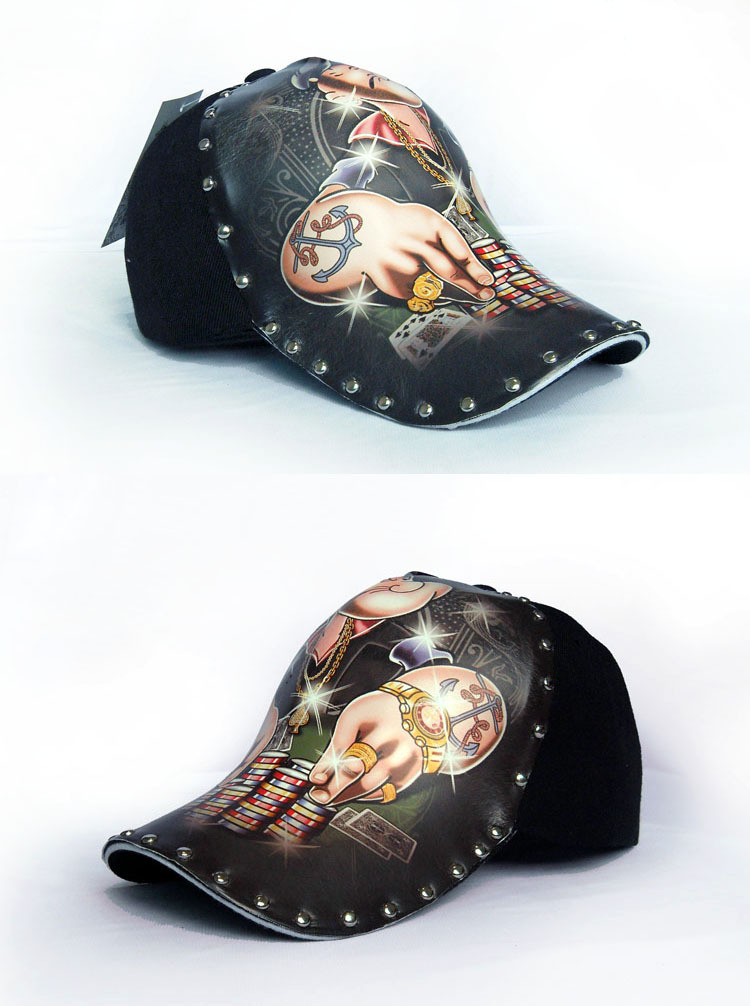 棒球帽男士新款原创个性插画图案柳钉装饰赌豪赌神帽子卡通插图帽