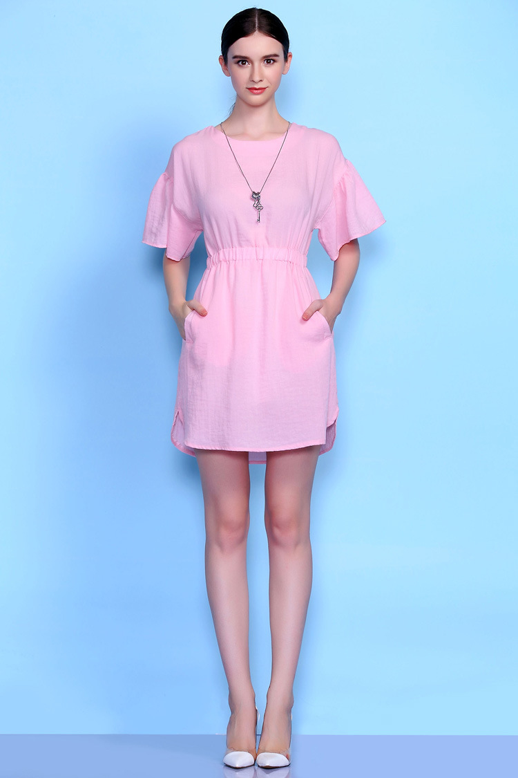 【每日衣览】 圆领喇叭袖纯色a字裙