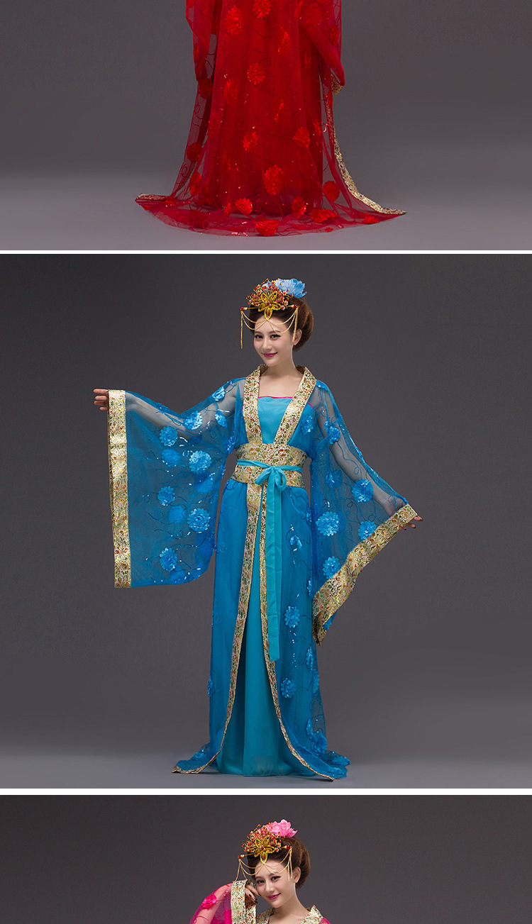 特价热卖古装唐装贵妃汉服红色七仙女连衣裙花朵彩纱演出影楼拖尾