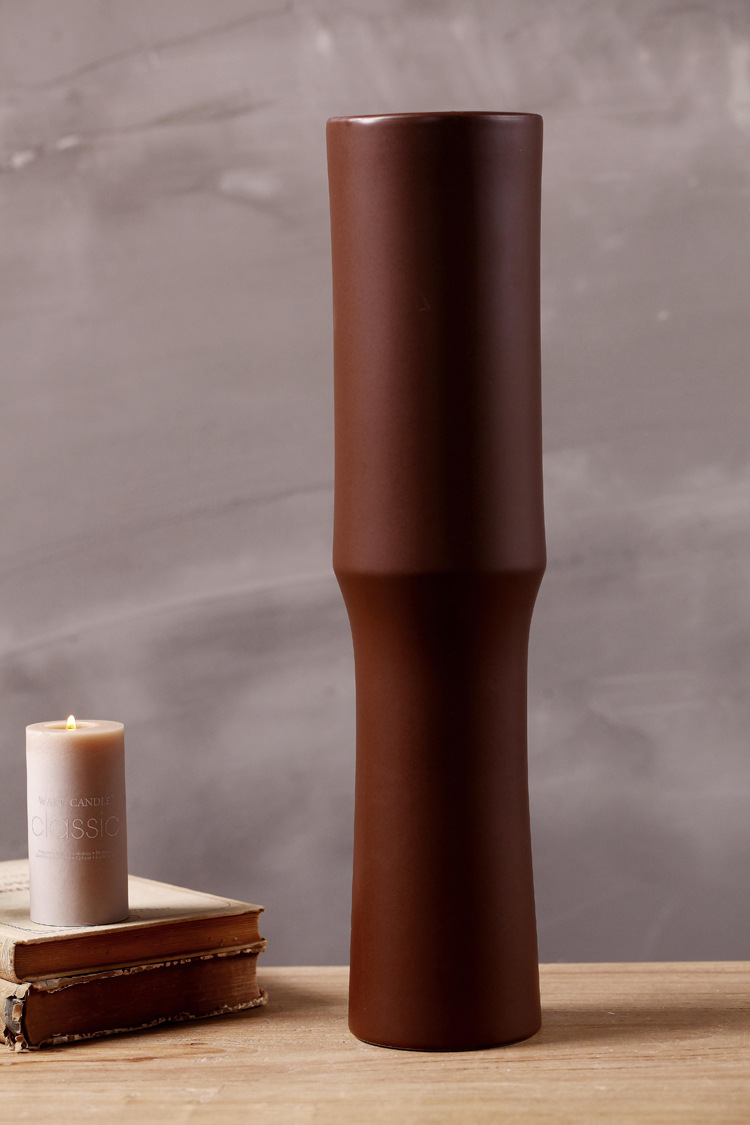 供应简约亚光棕色圆柱竹节陶瓷花瓶 创意陶-陶瓷工艺品