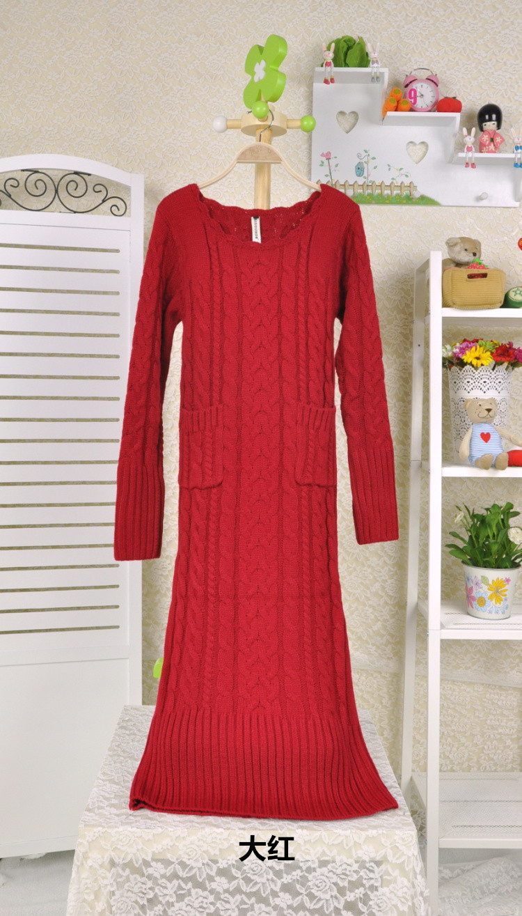 韩国秋冬新款长款长袖毛衣针织修身复古麻花包臀打底连衣长裙086