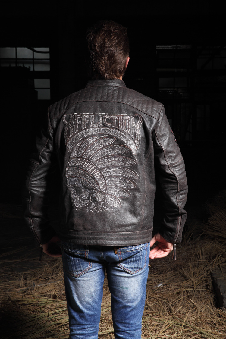 厂家直销 男款aff刺绣印第安头层牛皮皮衣 修身立领狂野机.