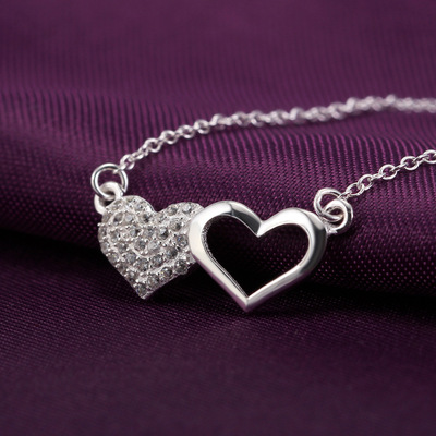s925爱心纯银项链女韩国时尚潮人情感创意心形吊坠锆石十字链项饰