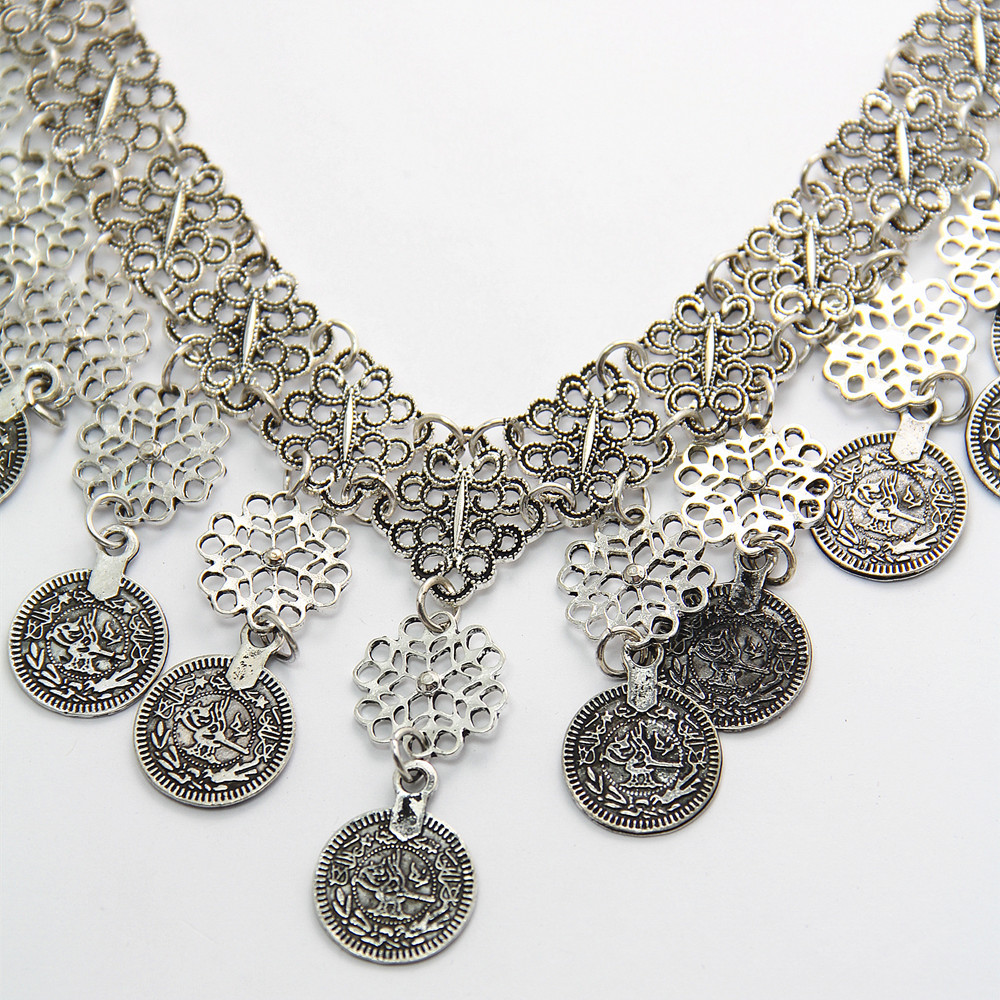 欧美复杂古银吊坠钱币多层流苏镂空花项链 cx268