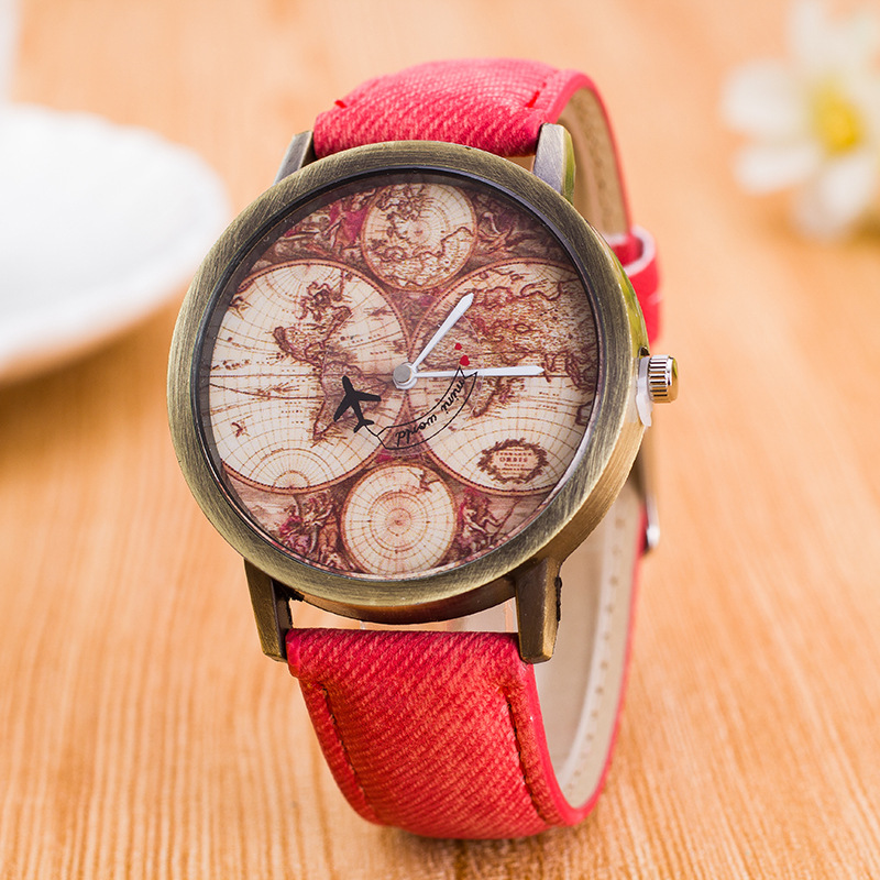 学生休闲青铜帆布表带手表 牛仔布复古手表 飞机转圈手表