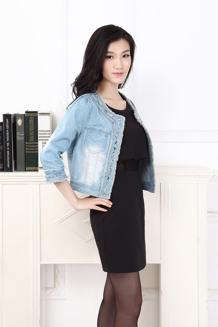 牛仔短外套女春秋季纯棉圆领镶钻钉珠洗水流苏牛仔女式外套满包邮