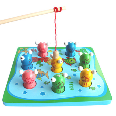 木制磁性小猫3d钓鱼玩具套装宝宝钓鱼木质玩具1-3岁亲子互动游戏