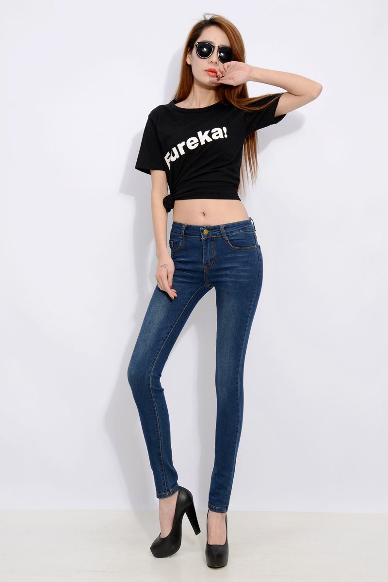 2016春装新款中腰牛仔裤女式小直筒裤修身显瘦大码长裤子潮.