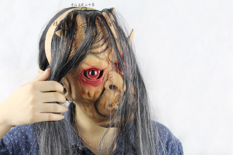 乳胶长发红眼恶魔 外贸万圣节舞会道具 搞怪整人恐怖鬼面具批发