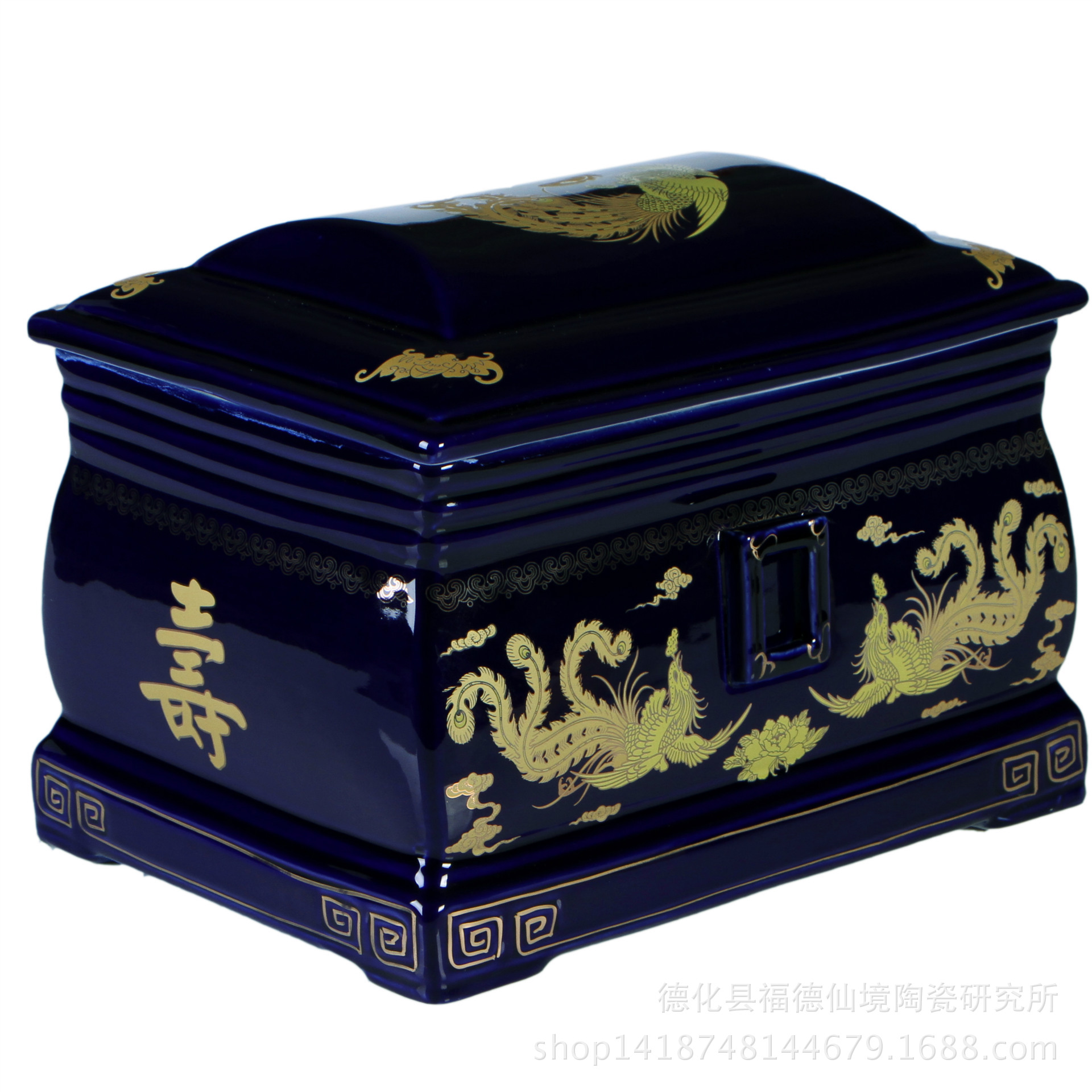 蓝色经典福寿宫陶瓷骨灰盒福建厂家直销低价批发祭祀殡葬用品