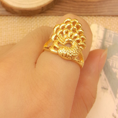 新品高仿金首饰久不退色 沙金黄铜镀金戒指凤凰开口大戒指 女款