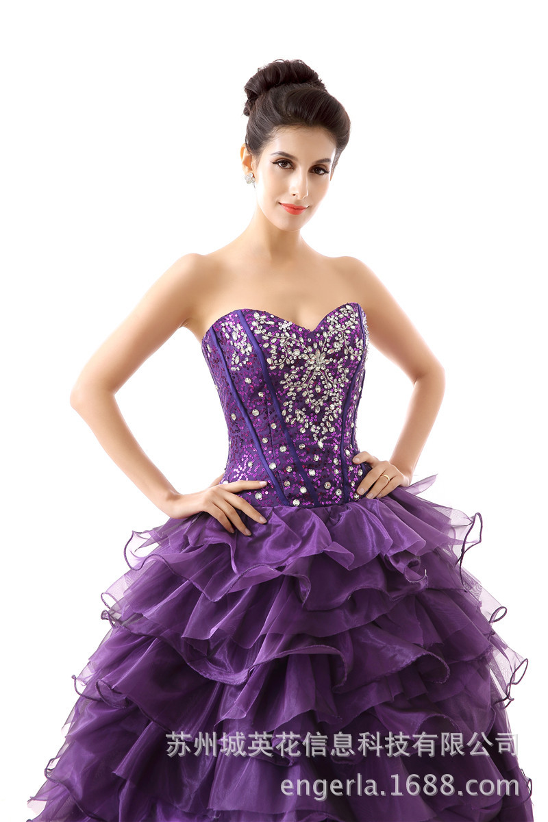 2015新款夏紫色彩装婚纱层叠摆抹胸欧美外贸舞台装网店代理加盟