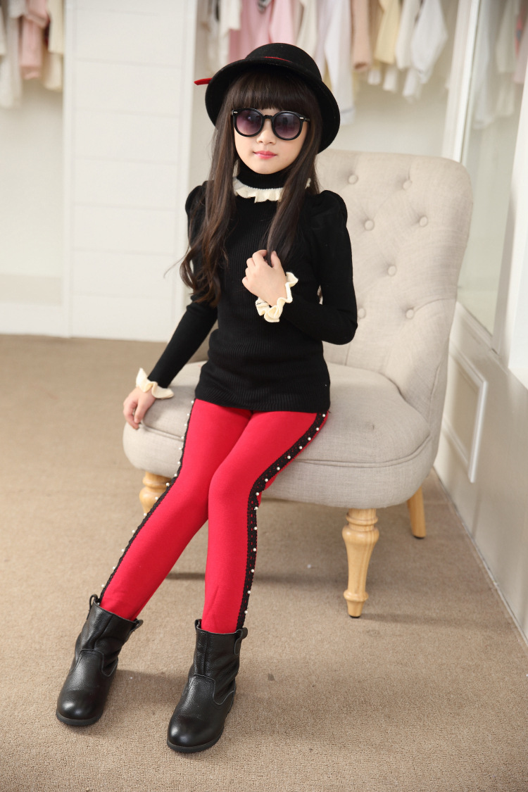 童装2015秋冬款女童打底裤加绒加厚中大童钉珠保暖裤子一件代发