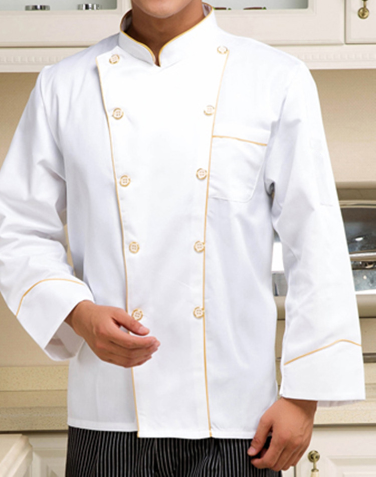 厨师服工作服 厨师服长袖,金边金扣厨师服装 餐厅大厨工作服