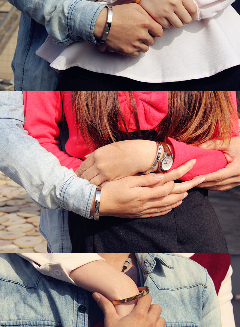 双面单钻love forever 刻字手镯 钛钢情侣手环