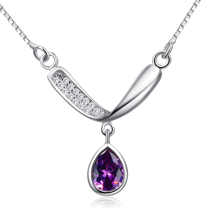 s925纯银项链 女款韩版水滴形吊坠 镶嵌锆石短款锁骨链
