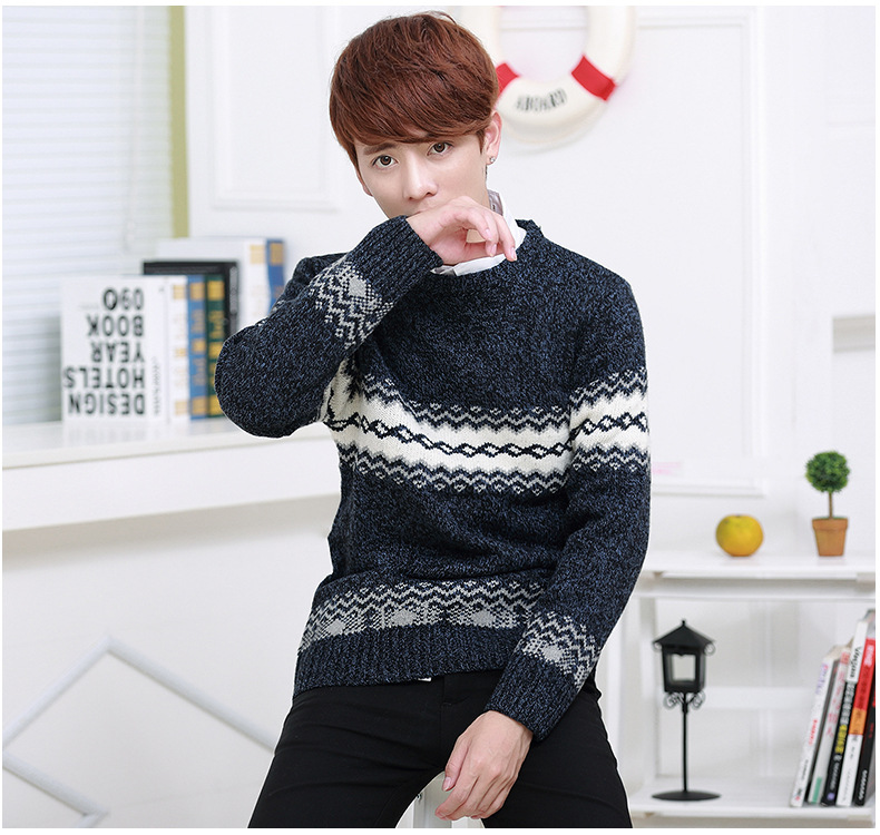 纯棉针织提花男式线衫 冬季爆款韩版修身男士毛衣新花型波浪纹衫