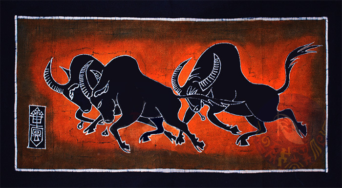 特色纯手工艺品苗族蜡染壁画壁挂-奔牛图85cm*103cm左右