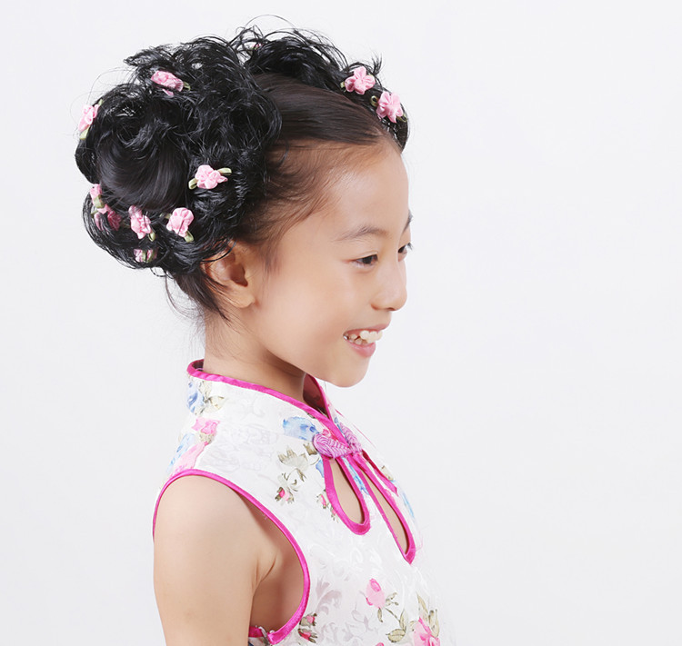 儿童假发女童头饰卷发小女孩复古花朵假发头饰盘发丸子头假发