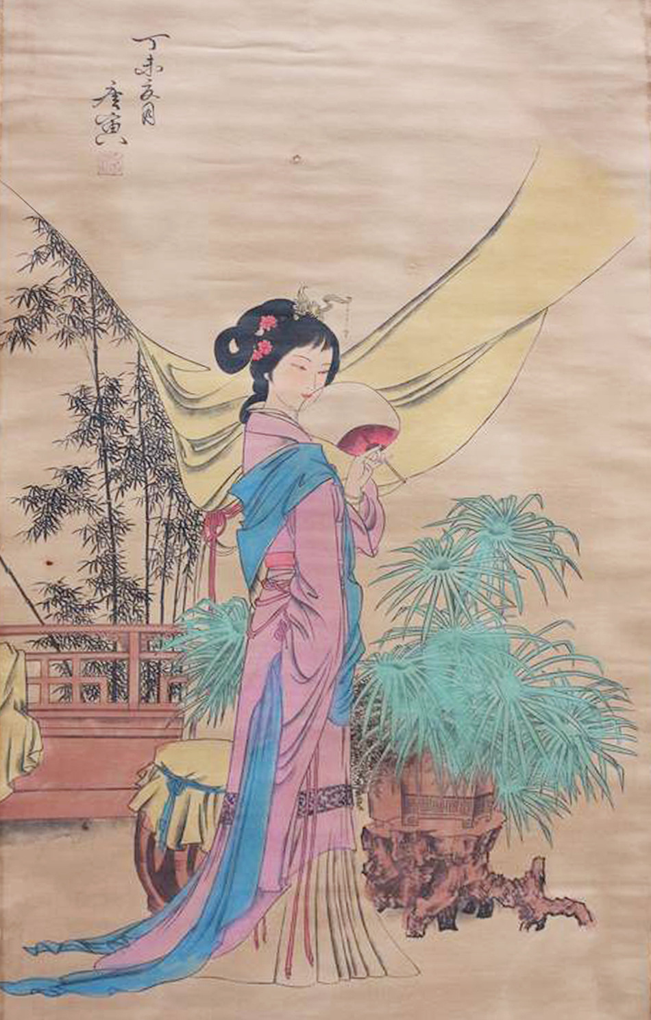 批发天然牛皮纸中堂挂画 唐伯虎手绘美女仕女图客厅装饰挂画字画