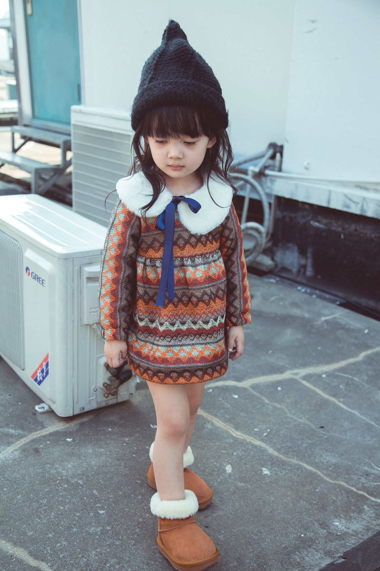 2015秋冬新品童装 民族风长袖儿童连衣裙 条纹翻领毛领女童公主裙