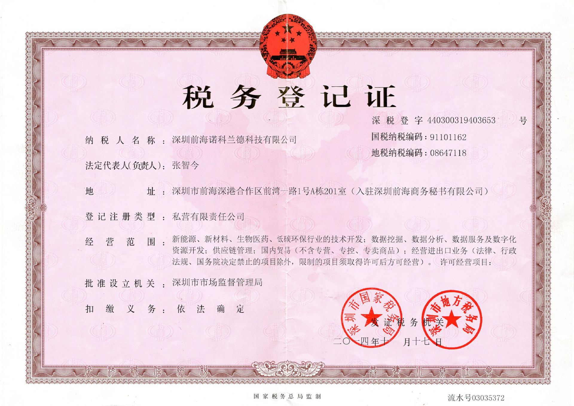 诺科兰德税务登记证(副本)