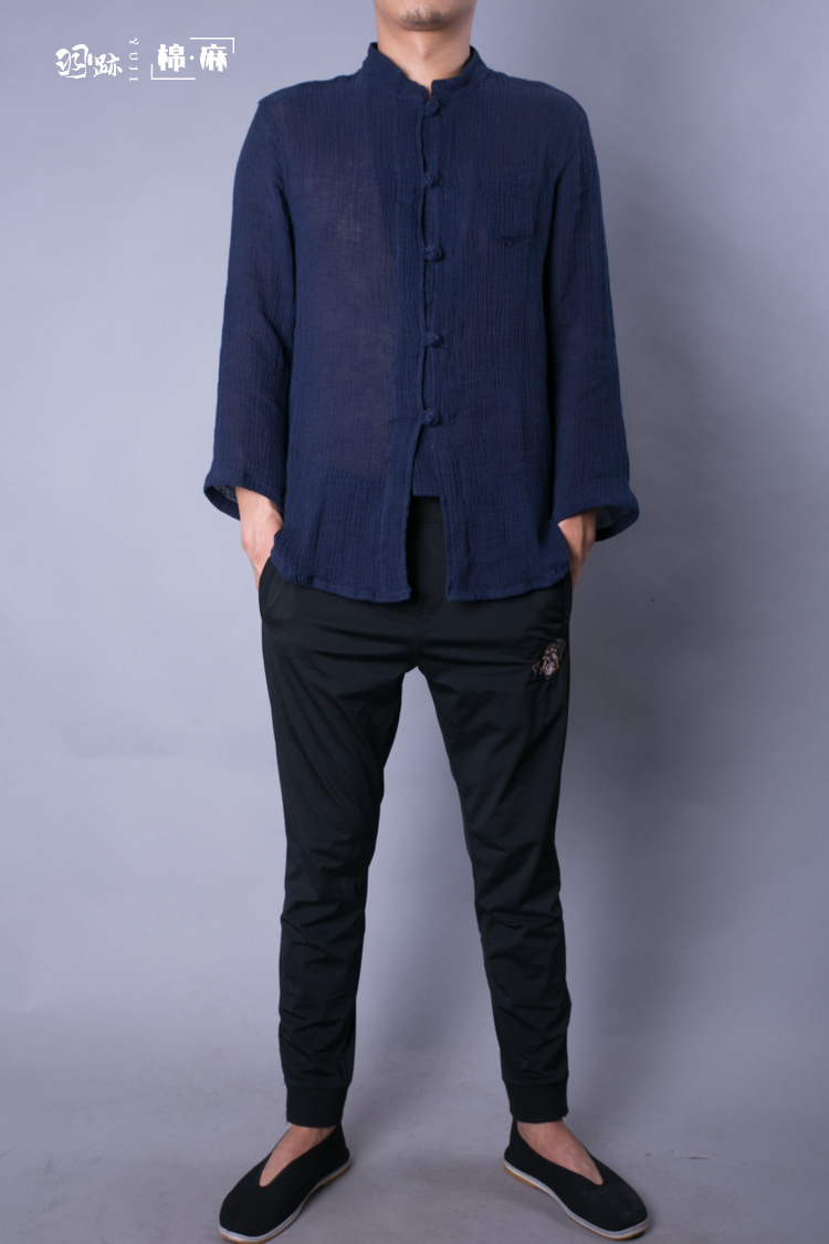 中国风男装新款夏 中式立领盘扣大码开衫皱麻男款对襟薄衬衫 批发